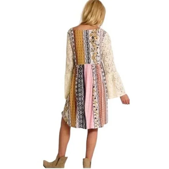 Mixed Print Lace Bell Sleeve Mini Dress | Boho Coastal Cowgirl Whimsigoth Indie - Picture 7 of 12